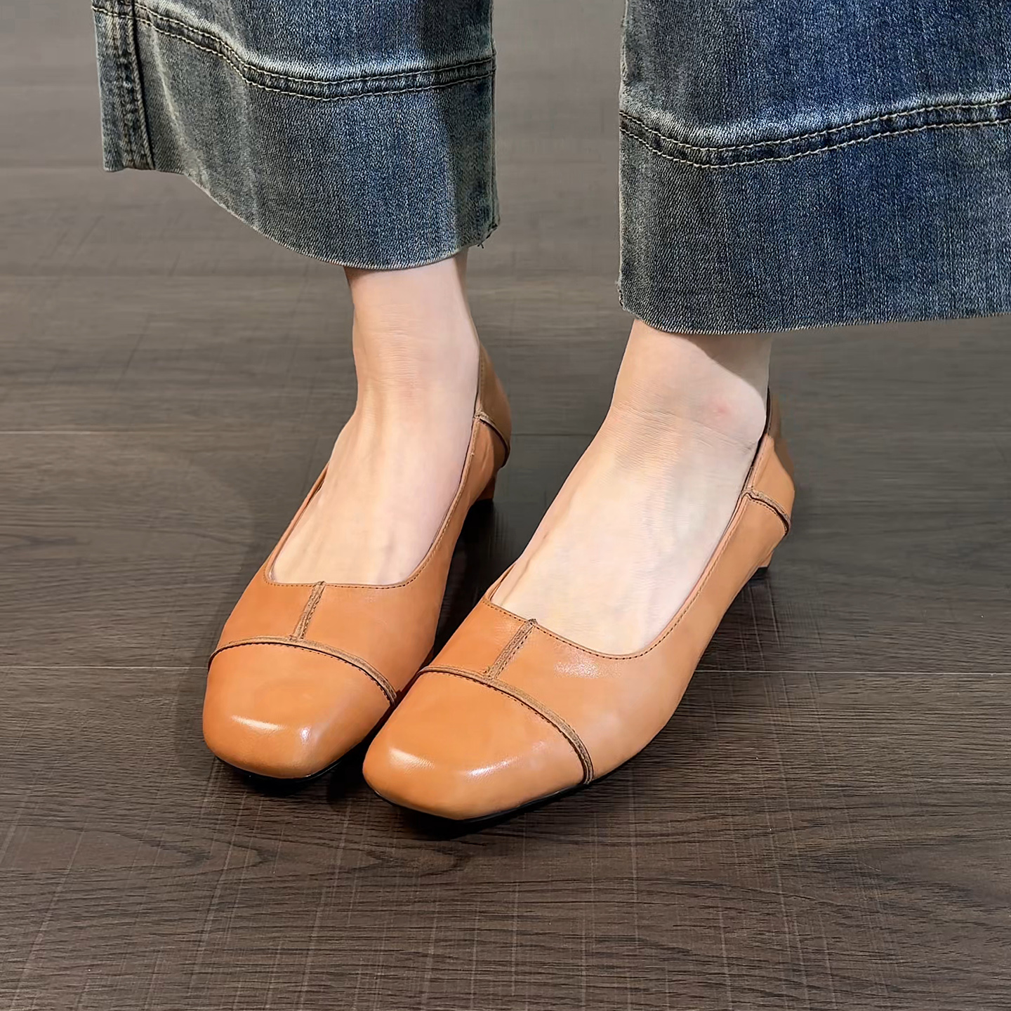2cm/2636牛皮方头低跟百搭女鞋时尚浅口单鞋休闲复古小皮鞋柔软