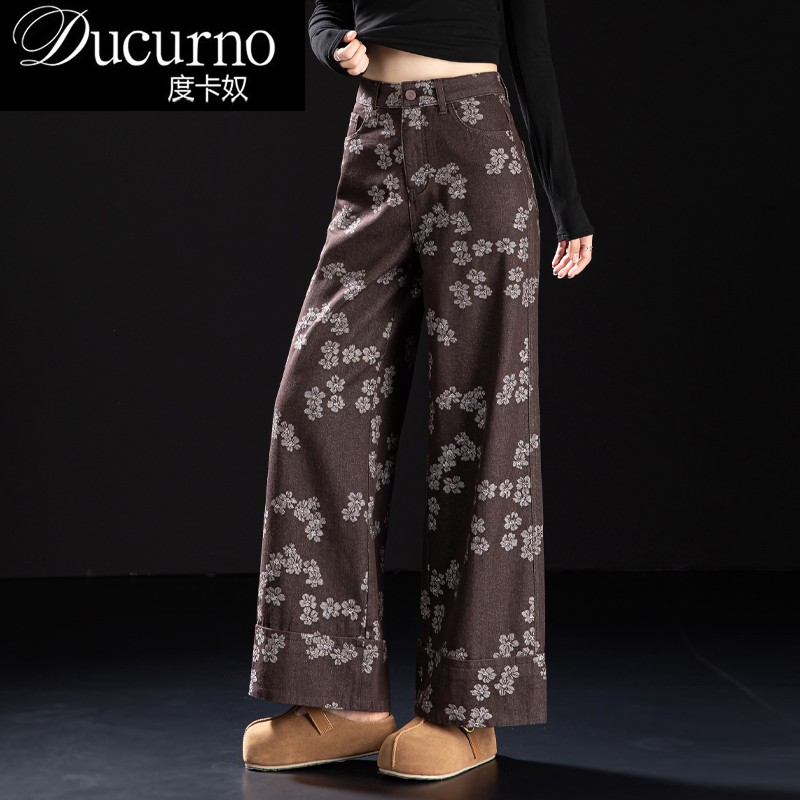 复古咖啡色印花阔腿牛仔裤女装2025新款秋季高腰宽松直筒裤长裤女