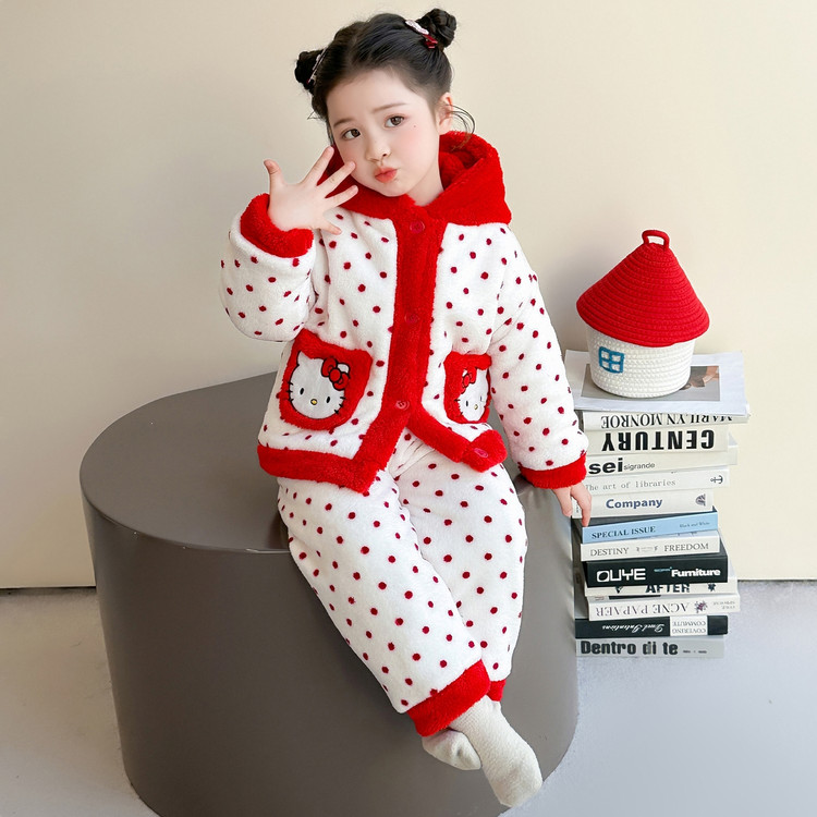 女童睡衣季新款加厚保暖宝宝夹棉套装女孩红色连帽睡衣套装