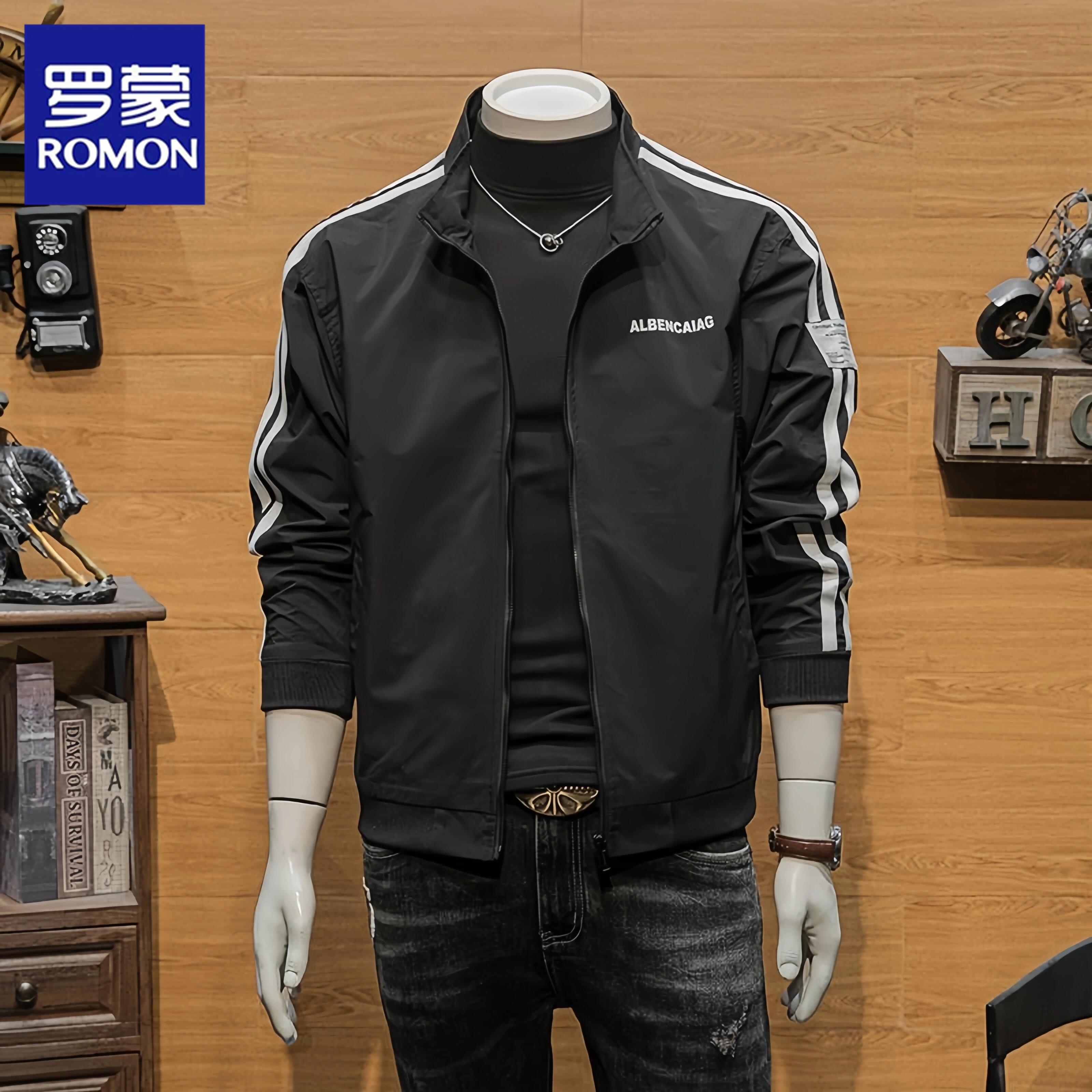 Romon/罗蒙立领条纹夹克春秋男士外套2025新款潮流修身休闲上衣服