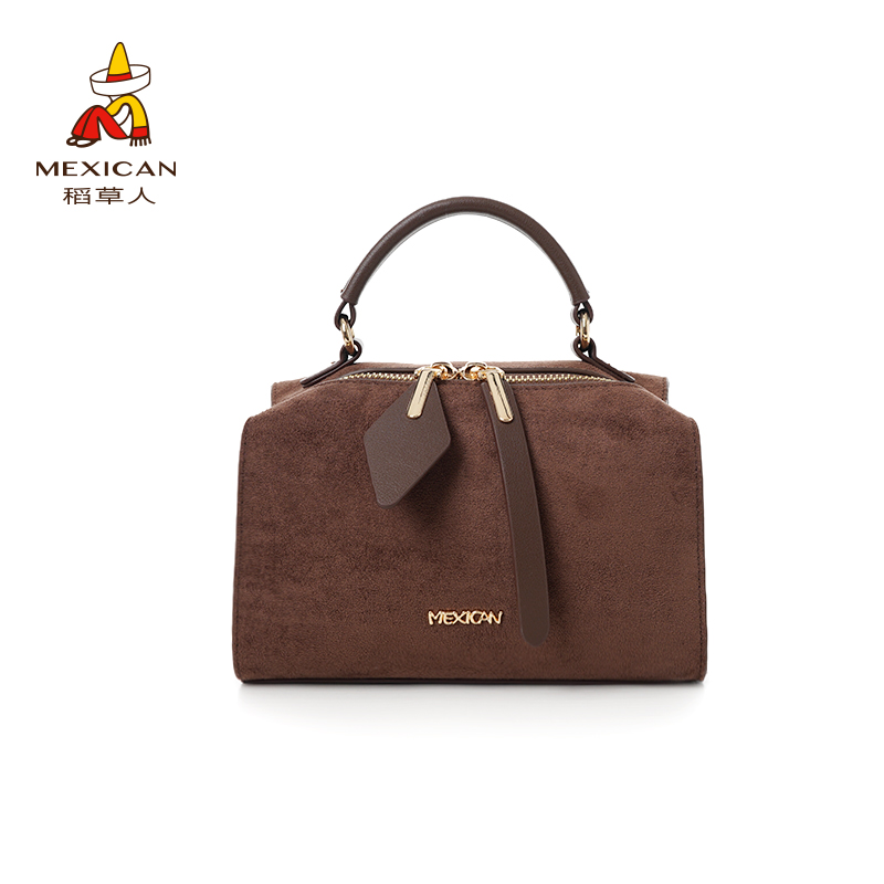 稻草人真皮麂皮绒牛皮波士顿包时尚轻奢女士拉链包盒子枕头包