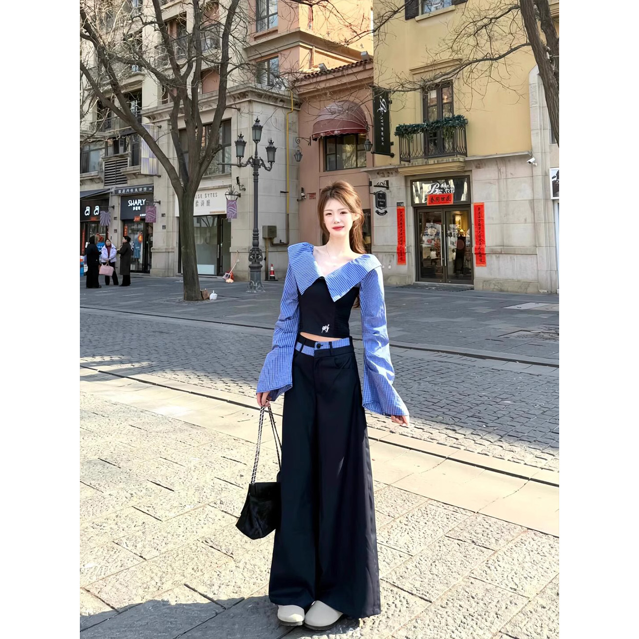 学院风设计感一字露肩条纹拼接衬衫上衣女休闲阔腿裤时尚俩件套装