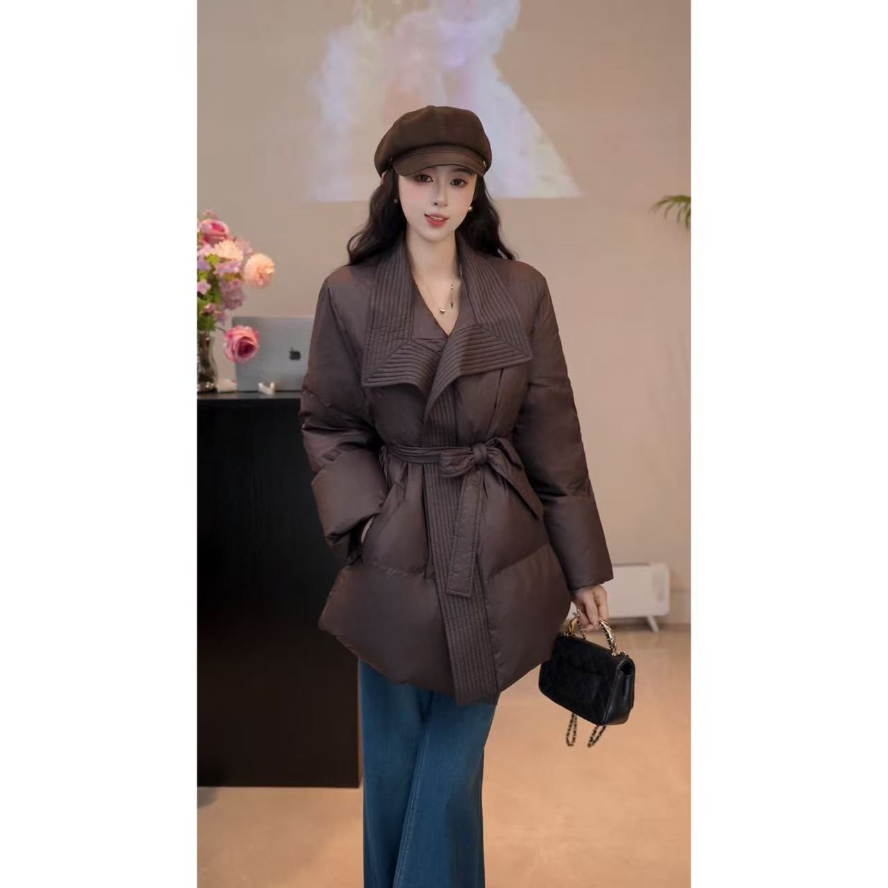 YUANLIANSU/圆脸酥【覆雪千里】法式百搭气质绑带翻领羽绒服外套女