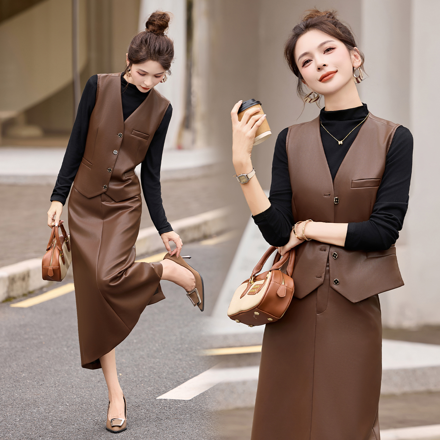 高级感气质皮衣马甲套装裙女2025春秋新款轻熟风时尚半身裙三件套