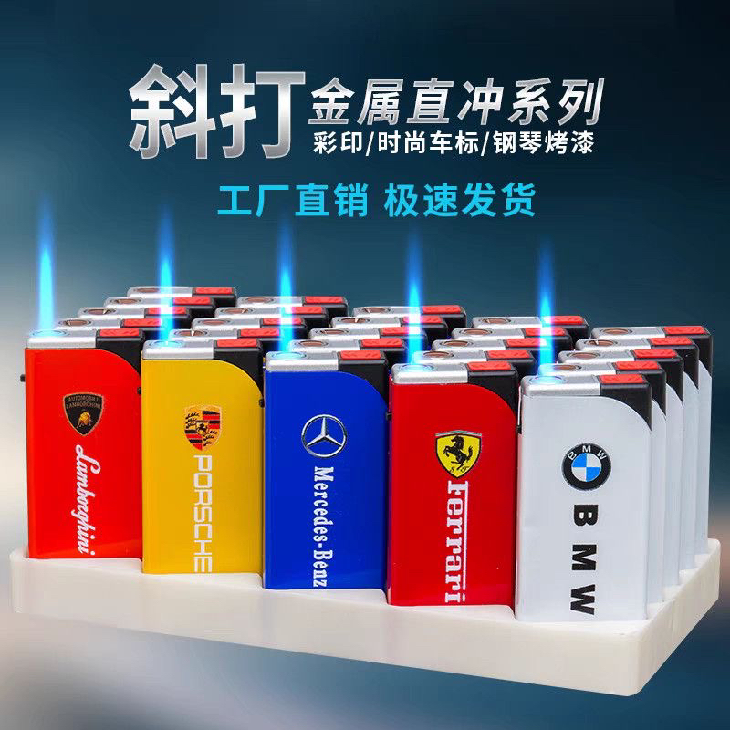 经典车标防风打火机方块机加大加宽蓝焰直冲可充气商超批发爆款