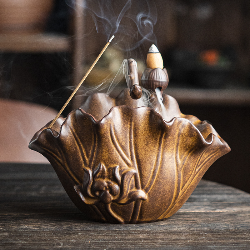 复古陶瓷荷花香炉高端熏香大号盘香线香倒流香三用香道茶器摆件