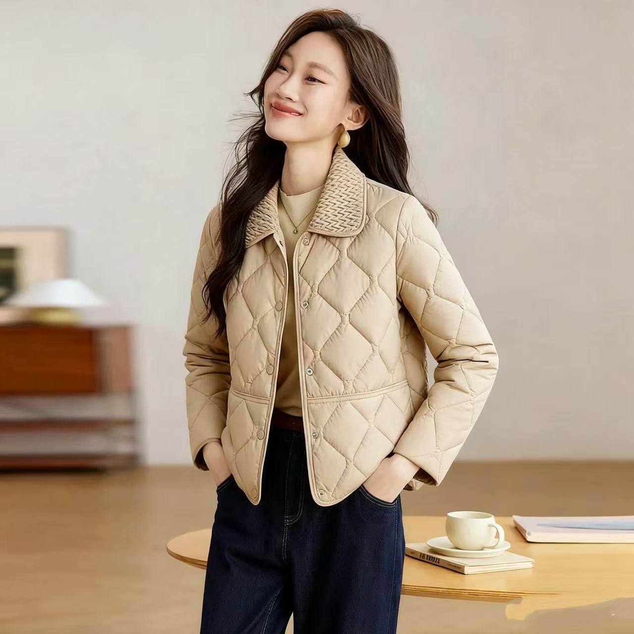 LA777翻领短款麦穗领厚款女士纯色翻领棉衣韩版棉服