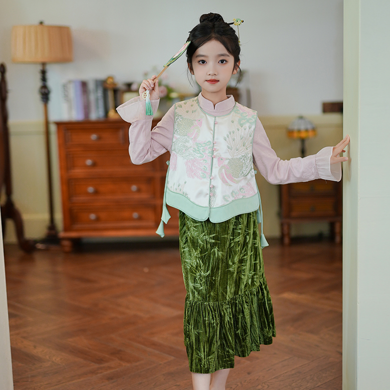 53904女童国风汉服马甲刺绣外搭上衣2025早秋新款儿童新中式裙子