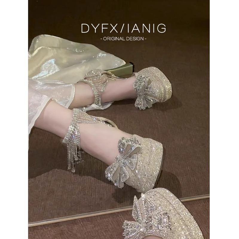 羊皮版~防水台粗跟高跟鞋女水晶气质高级不累脚禾秀婚纱新娘婚鞋