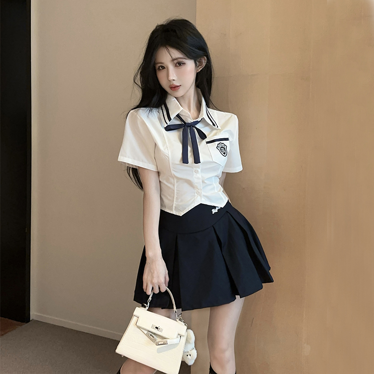 学院风jk制服套装女夏季新款甜美蝴蝶结短袖衬衫高腰半身裙两件套