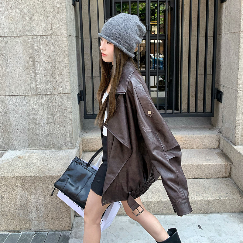 美式复古棕色加绒皮衣外套女秋冬季机车服廓形高级感宽松夹克上衣