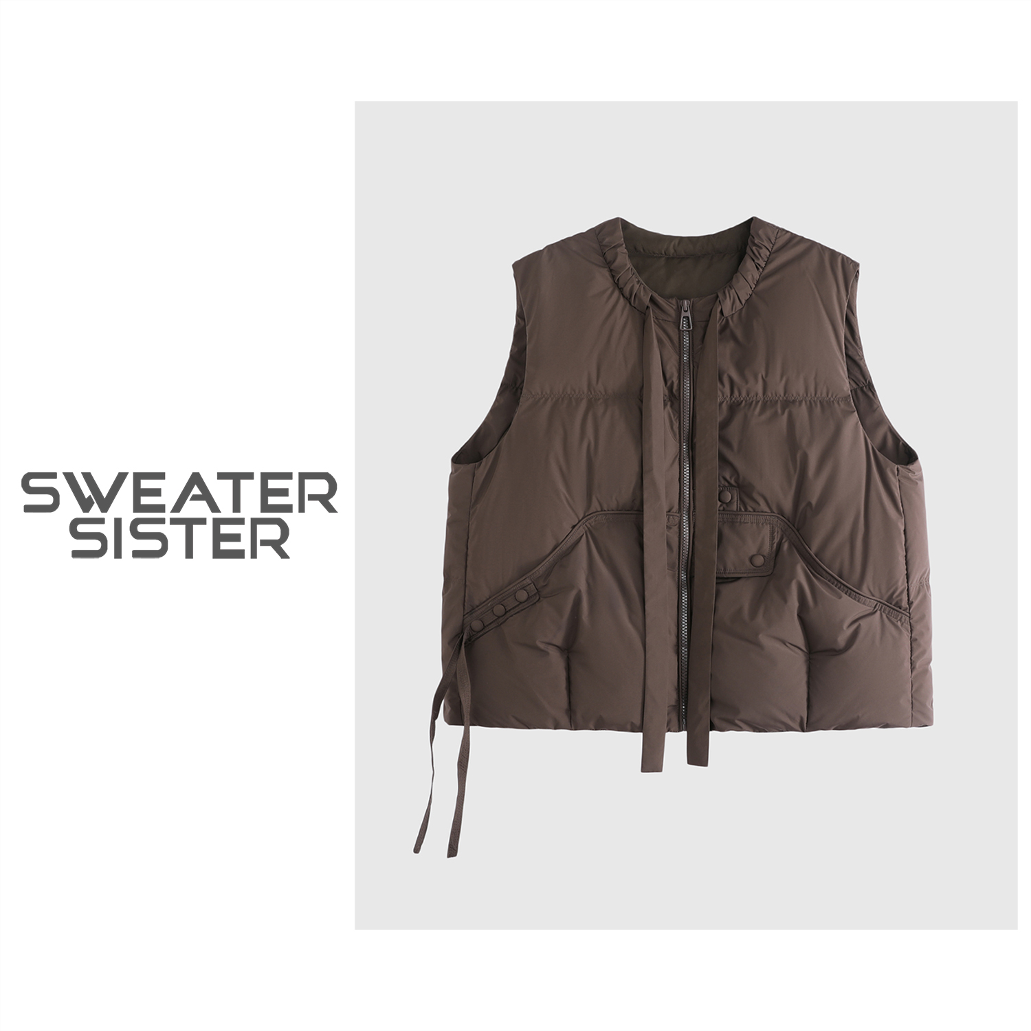 秋冬新款舒适保暖马甲小众设计感圆领抽绳马夹女425-022