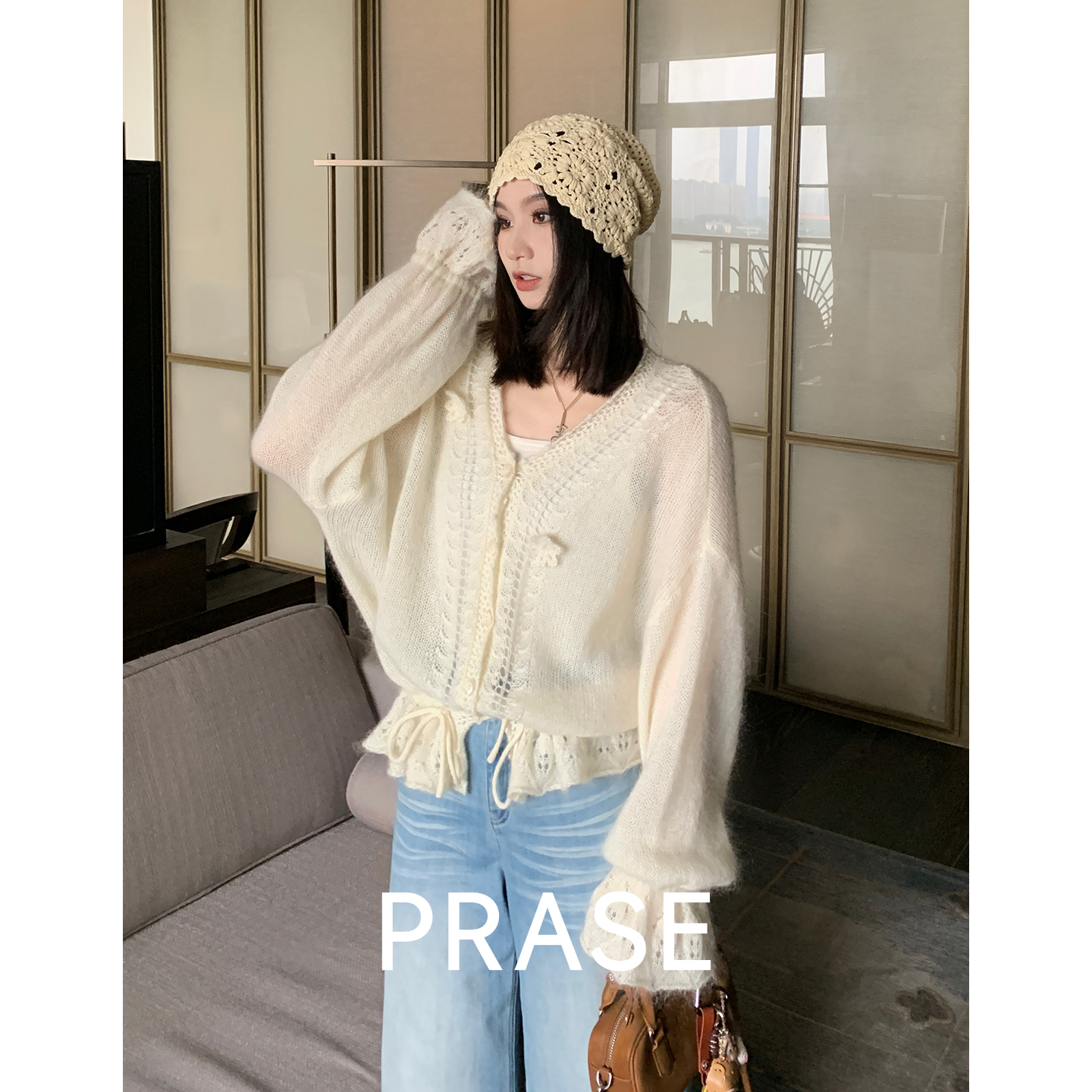 PRASE·噜【芭蕾少女】马海毛绵羊毛女收腰V领钩花毛织开衫PR508E59