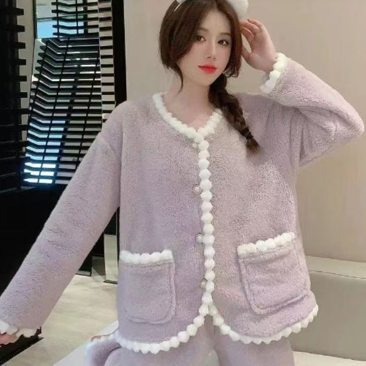 新款珊瑚绒加绒长袖宽松时尚睡衣小香风家居服上衣+裤子套装