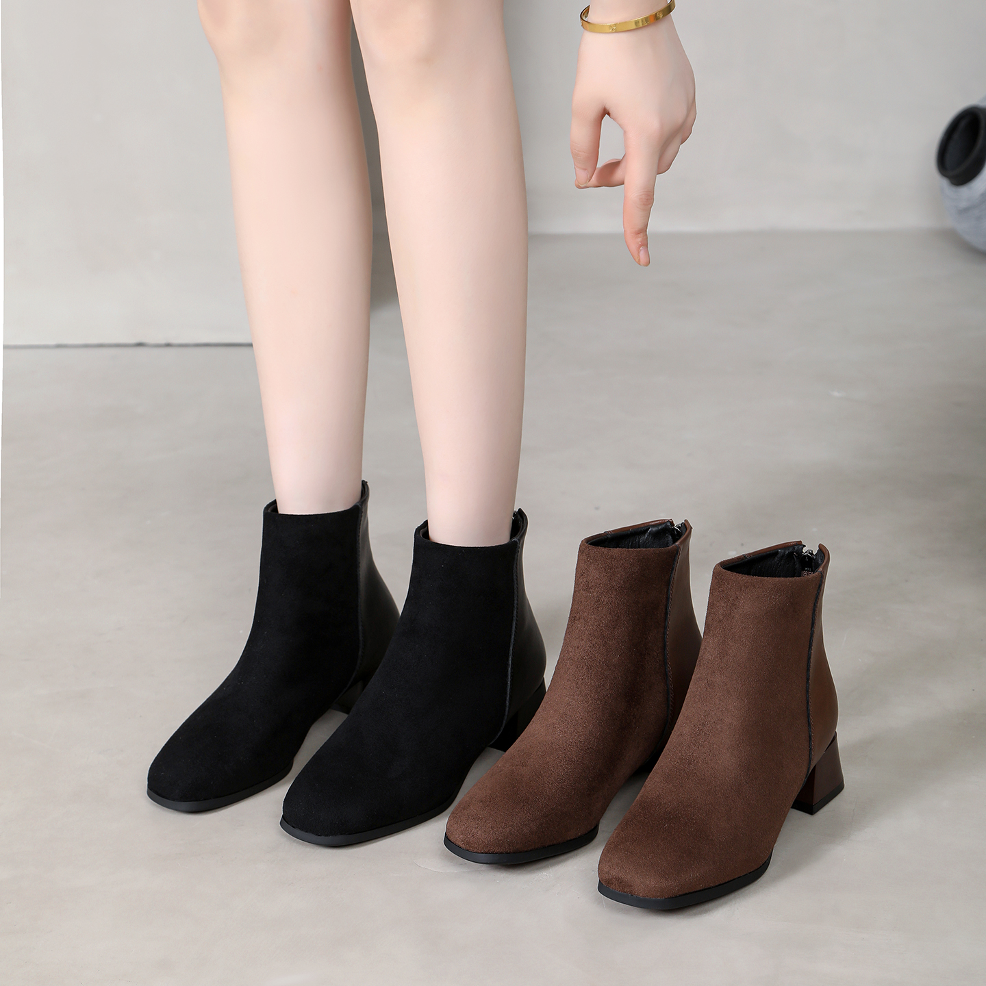 【纤芙森女鞋】2001舒适软底磨砂皮切靴子秋冬单靴高跟短靴