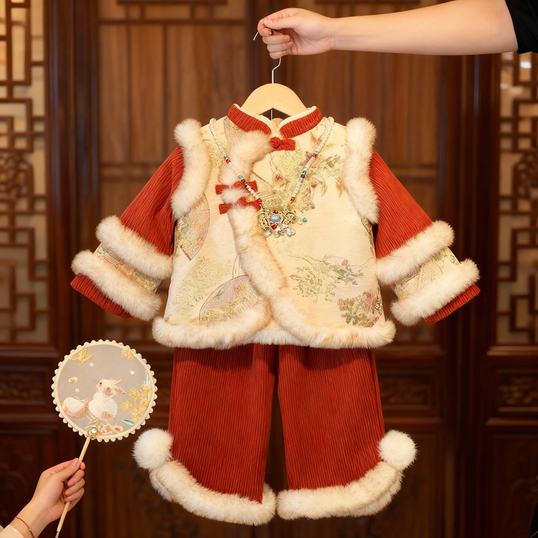 女童冬季套装拜年服加绒加厚儿童汉服两件套中国风宝宝周岁礼服潮