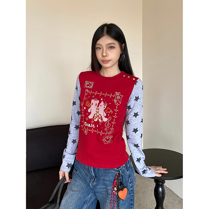 NOWANDHERE轻亚撞色拼接星星印花长袖T恤女修身内搭打底衫Y2K上衣