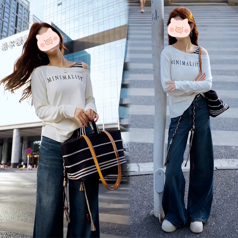 早秋韩系时尚斜肩短袖t恤女2025新款爆款设计感独特绝美露肩套装