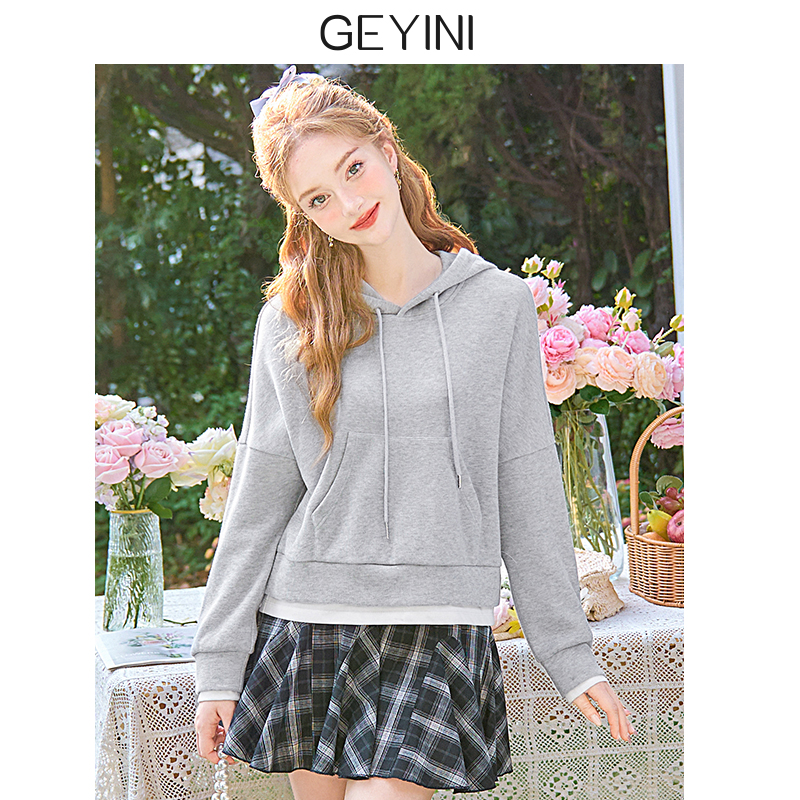 2025春秋新款女甜美灰色小个子宽松假两件卫衣连帽打底外套上衣