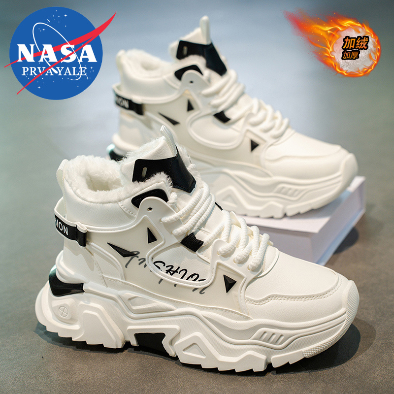 NASA联名高帮雪地靴男冬季加绒加厚青少年防水厚底增高白色大棉鞋