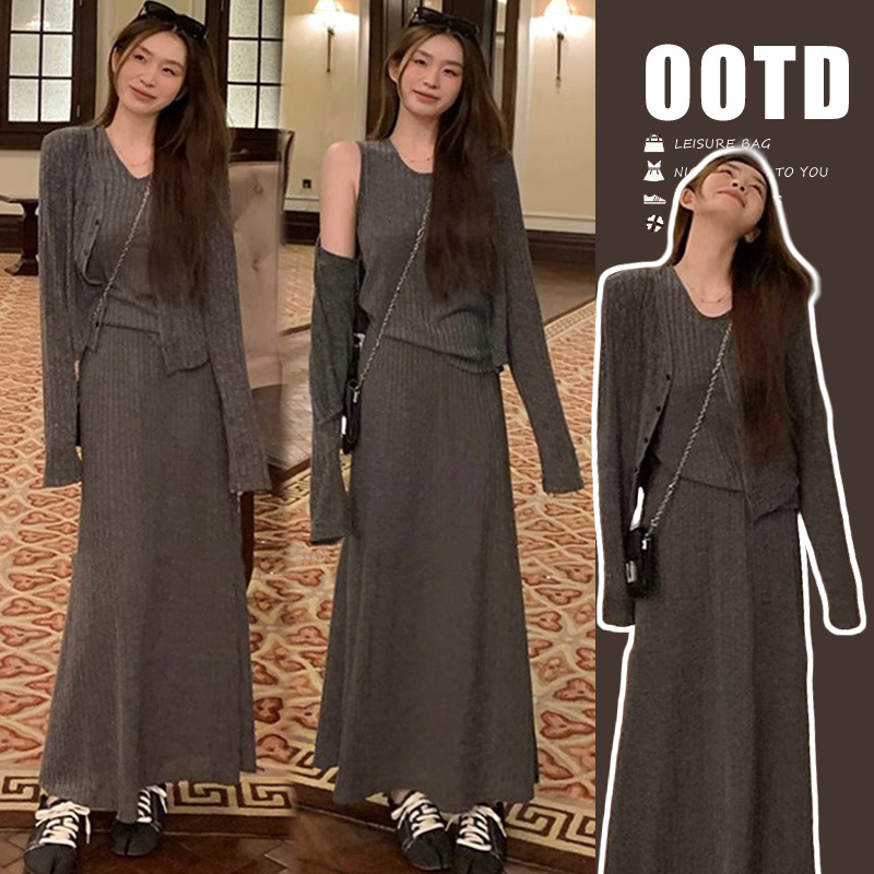 2026新款春秋季女装慵懒风针织开衫背心半身裙三件套时尚气质套装