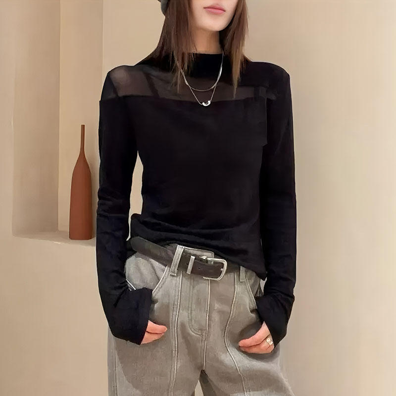 大码女装网纱拼接修身半高领长袖t恤秋季胖mm显瘦内搭打底衫上衣