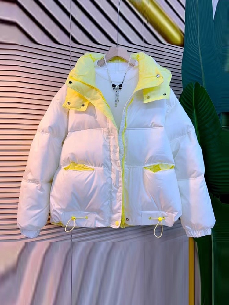 撞色棉服女洋气百搭休闲连帽短款显瘦显高小个子女生面包服棉衣