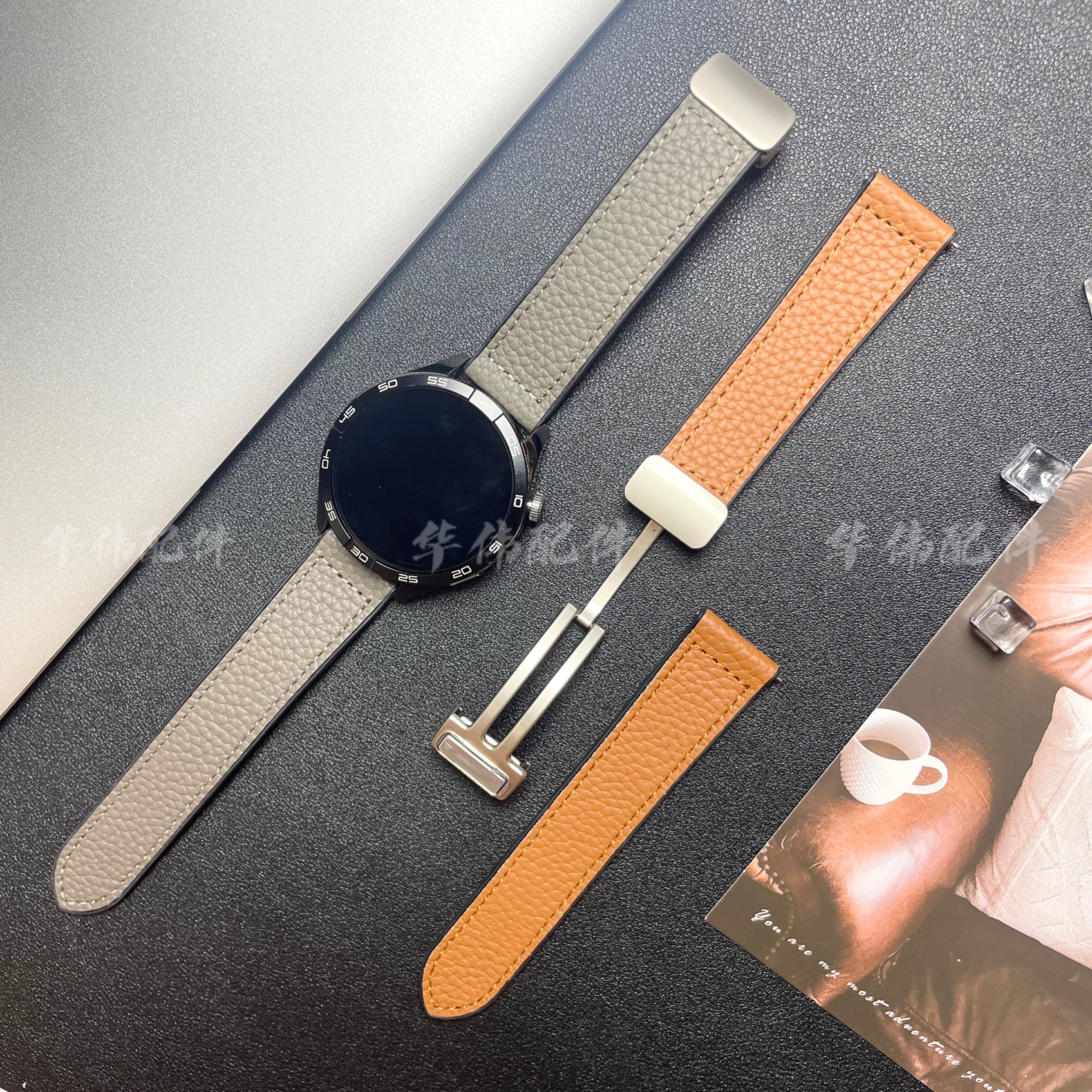 【顺丰包邮】适用华为GT5荔枝纹皮硅胶拼皮watch4pro表带磁吸扣GT4