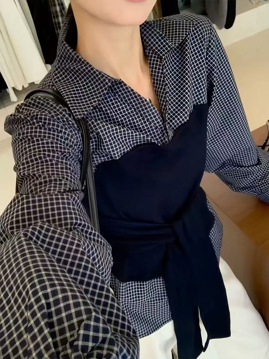 2025早秋新款简约设计感百搭显瘦衬衫假两件拼接系带小衫