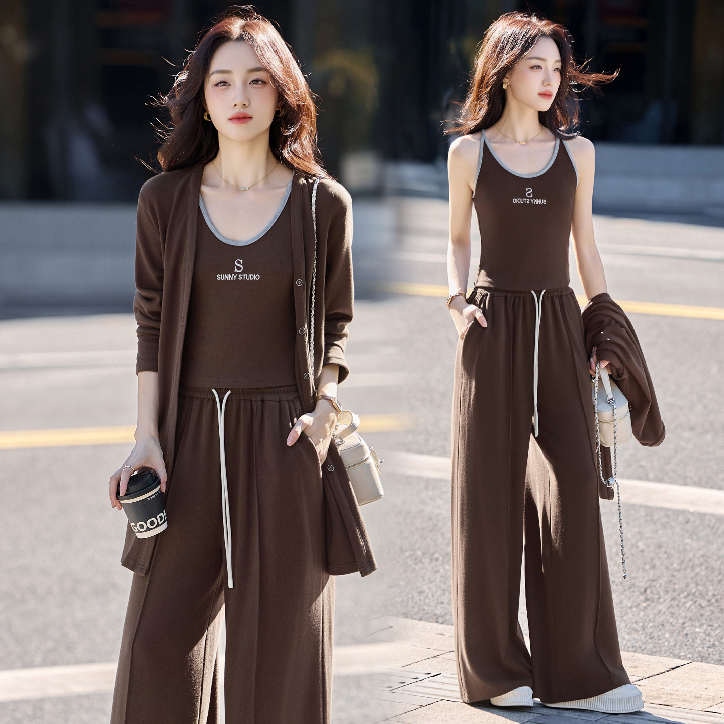 2025秋季新款休闲百搭长袖开衫外套字母吊带背心阔腿裤三件套女