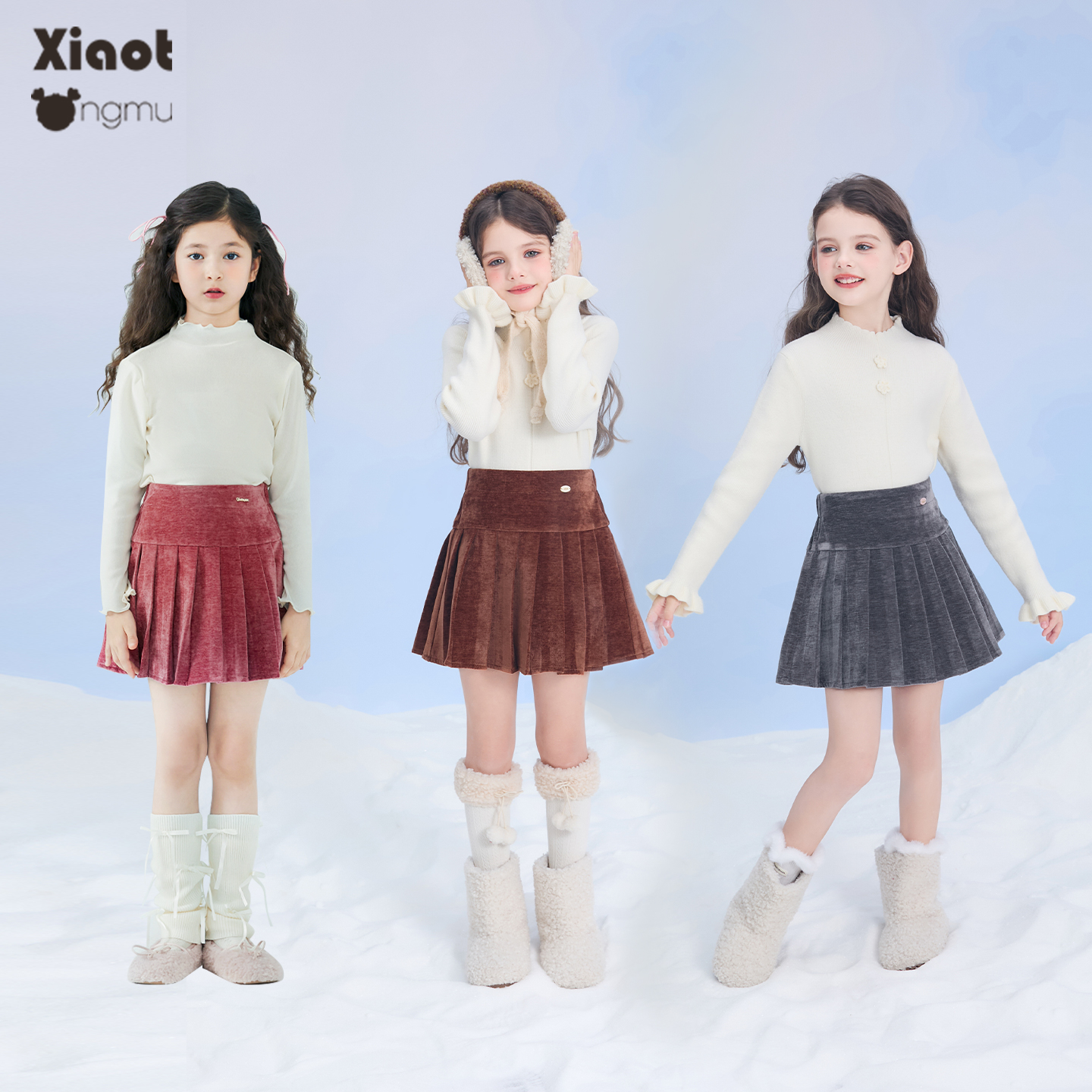 小童木 时髦百搭女童半身裙防走光秋冬新款女大童高腰丝绒百褶裙