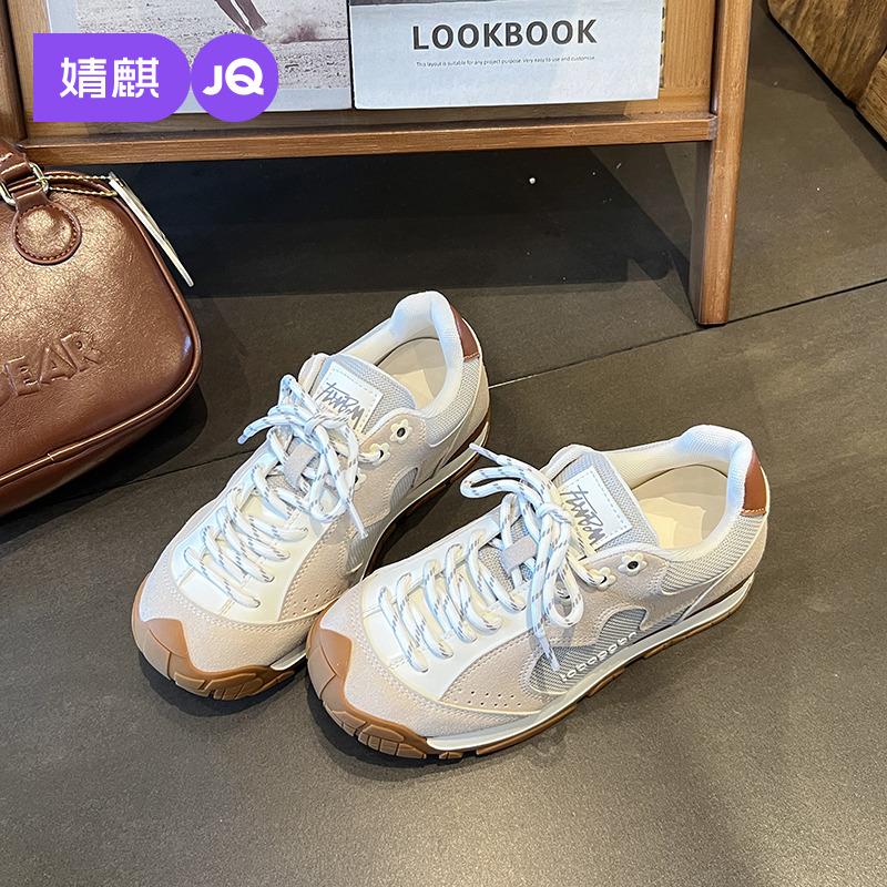 婧麒琥珀流光复古阿甘德训鞋女小花浪鞋2025新款透气休闲运动鞋