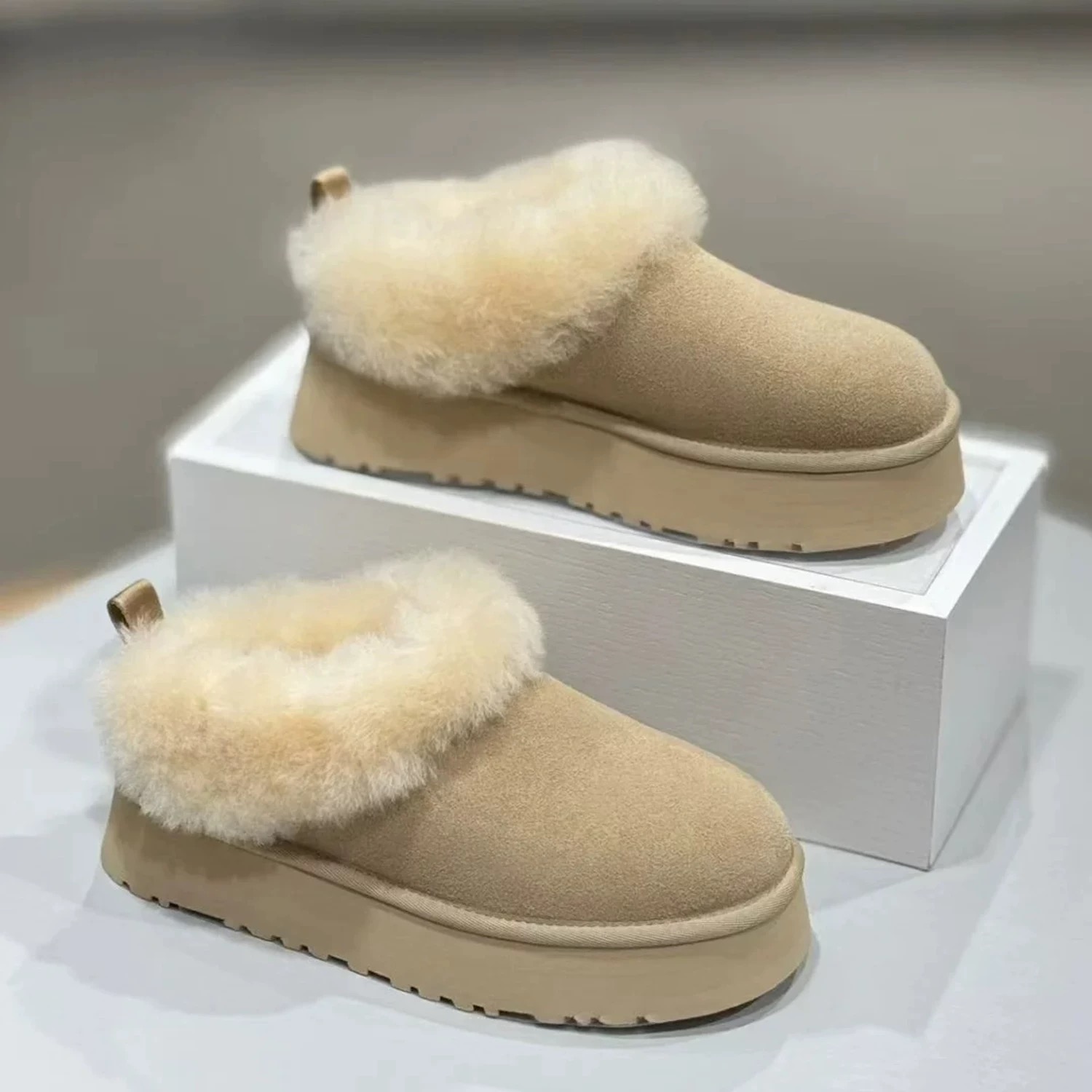 厚底塔茨勒矮筒平跟真皮加厚冬季一脚蹬雪地靴女懒人鞋增高毛毛鞋