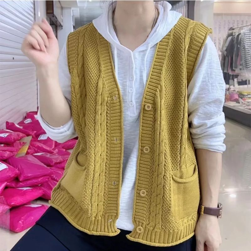 春秋新款文艺复古针织马甲开衫女百搭纯色宽松叠穿无袖坎肩背心潮