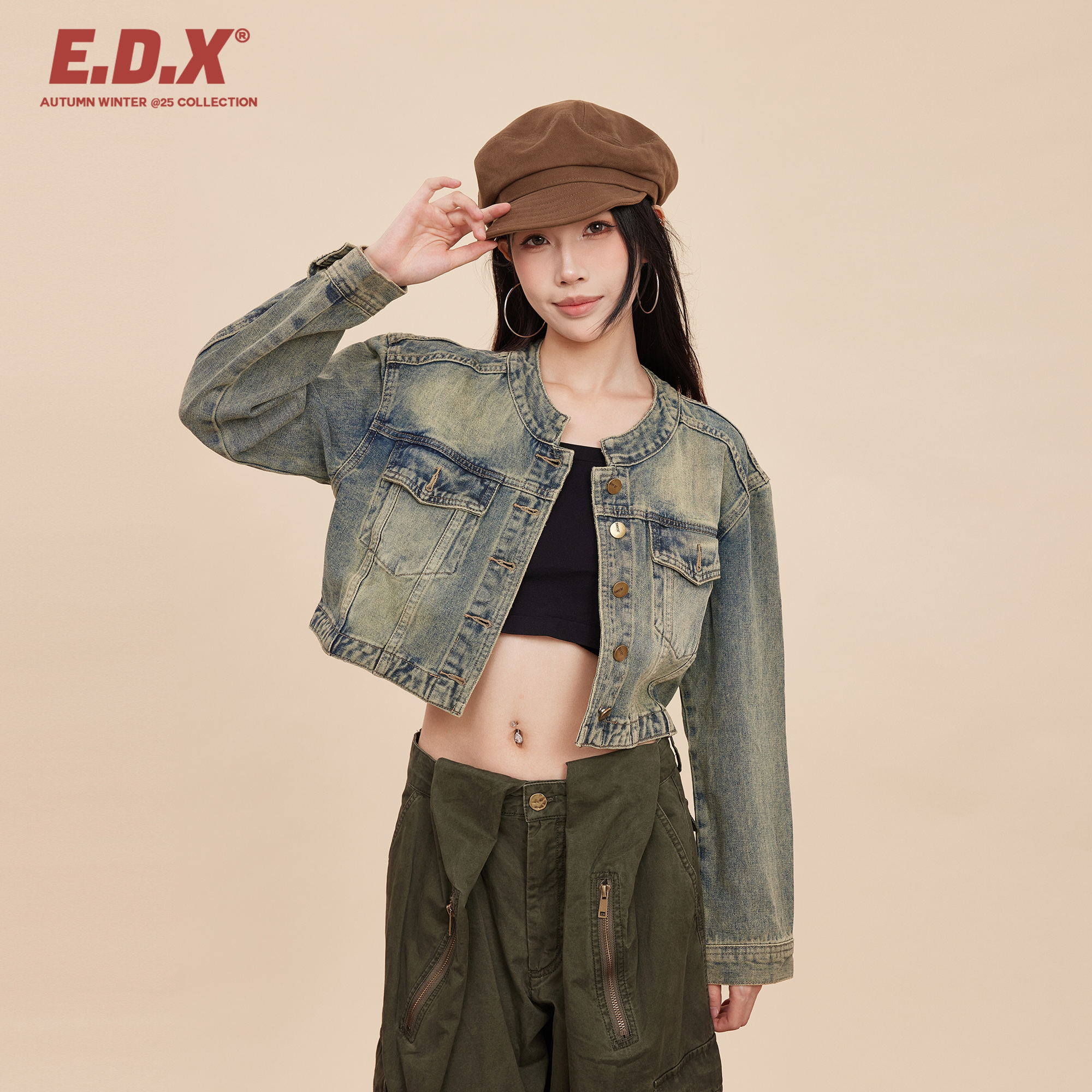 EDX美式复古牛仔外套女2025秋季小众设计感短款做旧休闲百搭上衣