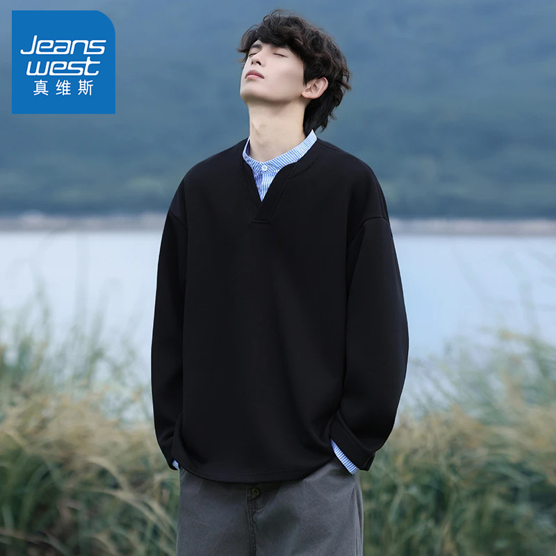 真维斯长袖卫衣男款秋季美式重磅休闲假两件t恤宽松复古翻领上衣