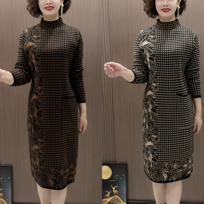中老年宽松大码遮肚半高领过膝格子针织秋冬连衣裙