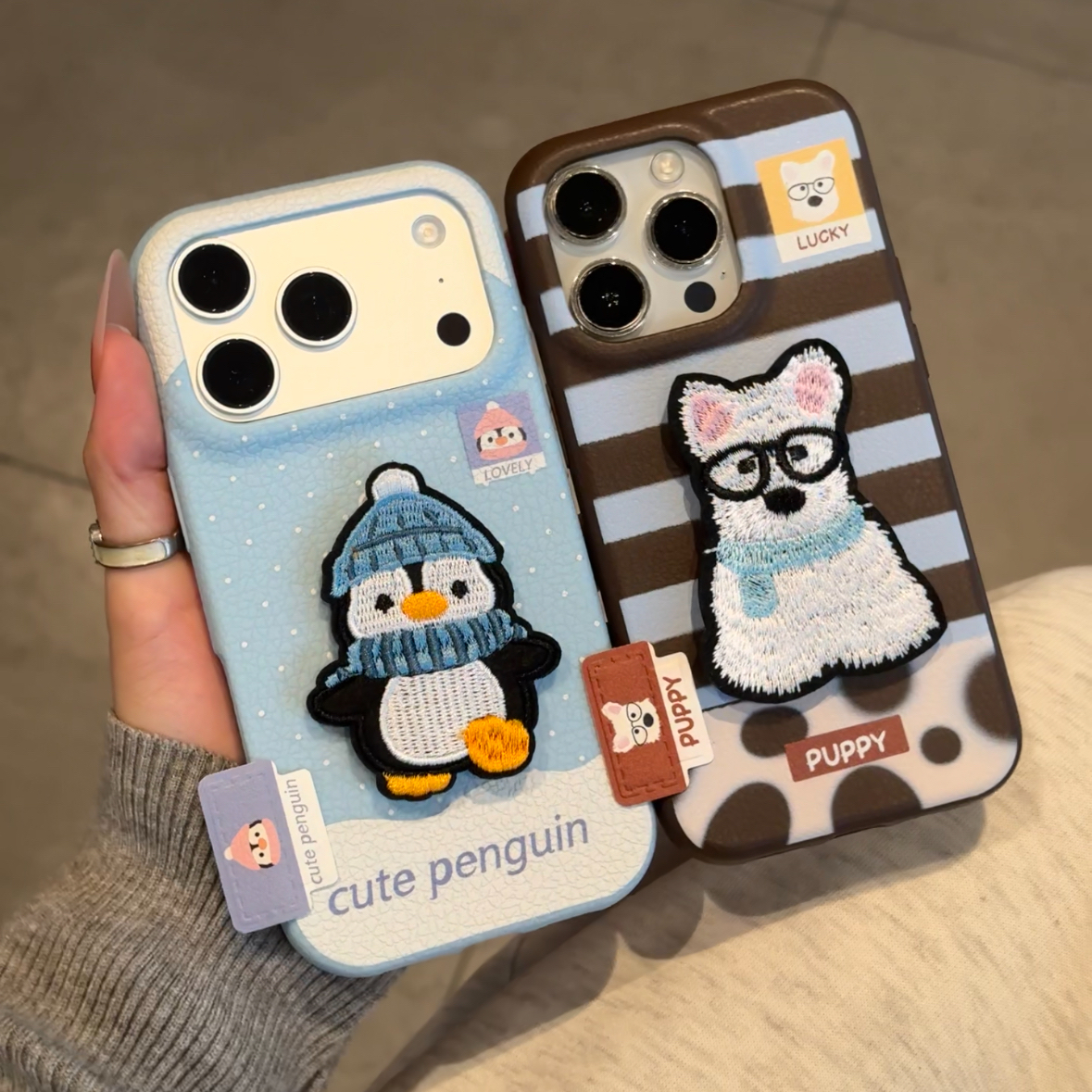 BANCA刺绣企鹅小狗标签适用苹果17/16手机壳华为vivo小米15oppo
