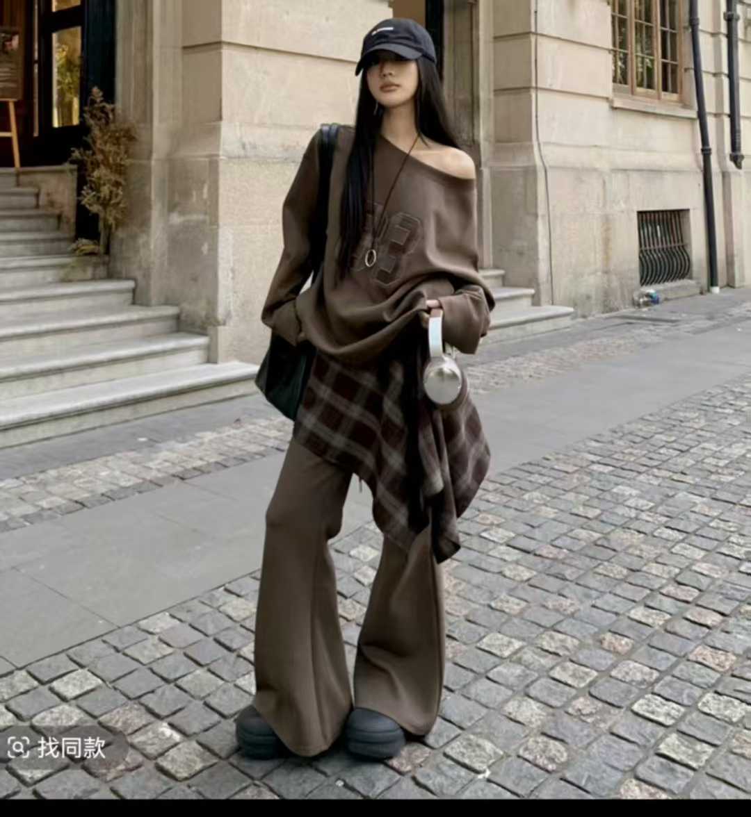 大码胖MM秋季新款套头上衣拼接格子阔腿裤套装时尚卫衣幂式穿搭