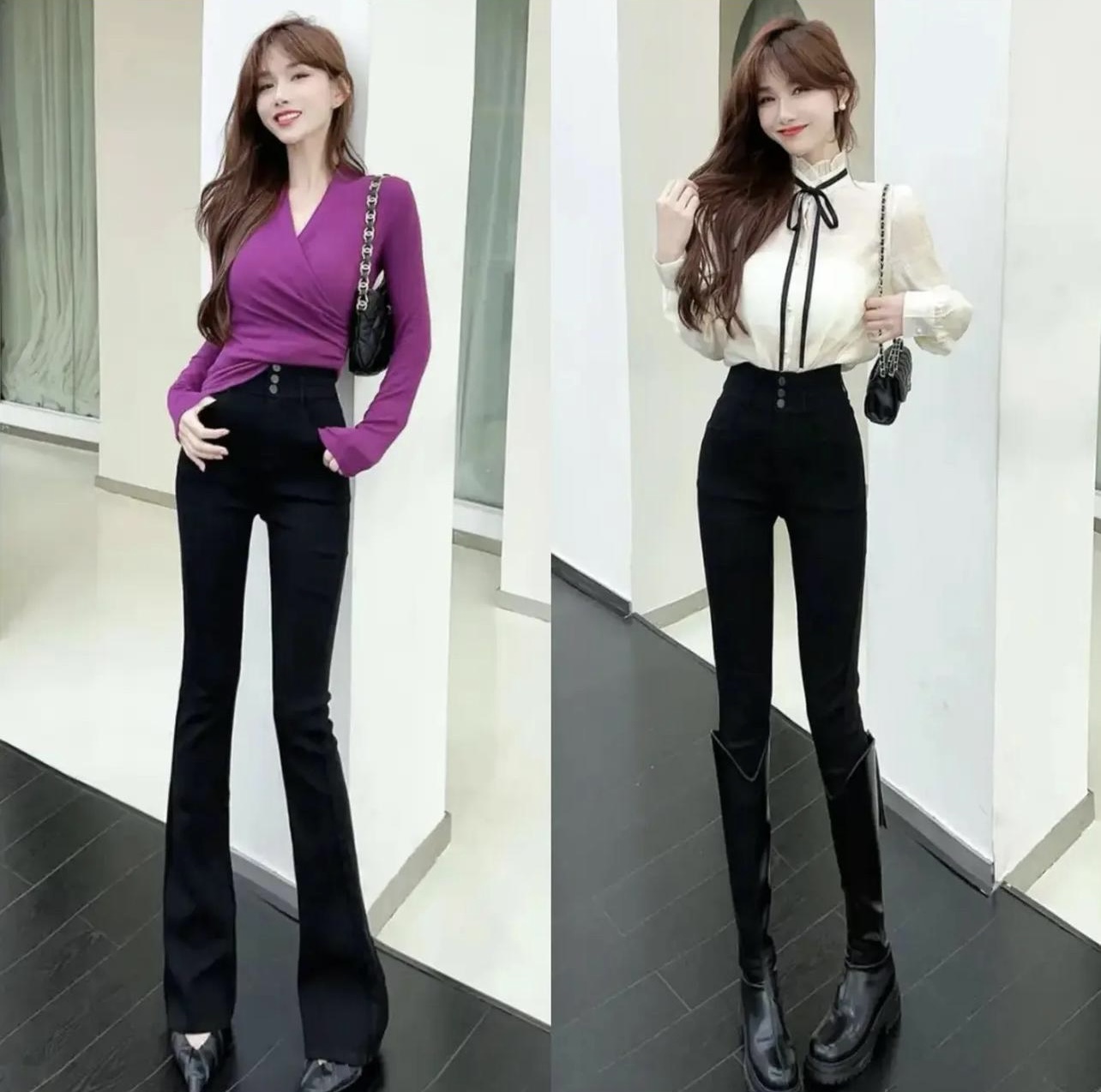 万能百搭休闲裤千金风高腰长裤微喇秋季微喇裤小脚裤弹力小黑裤.