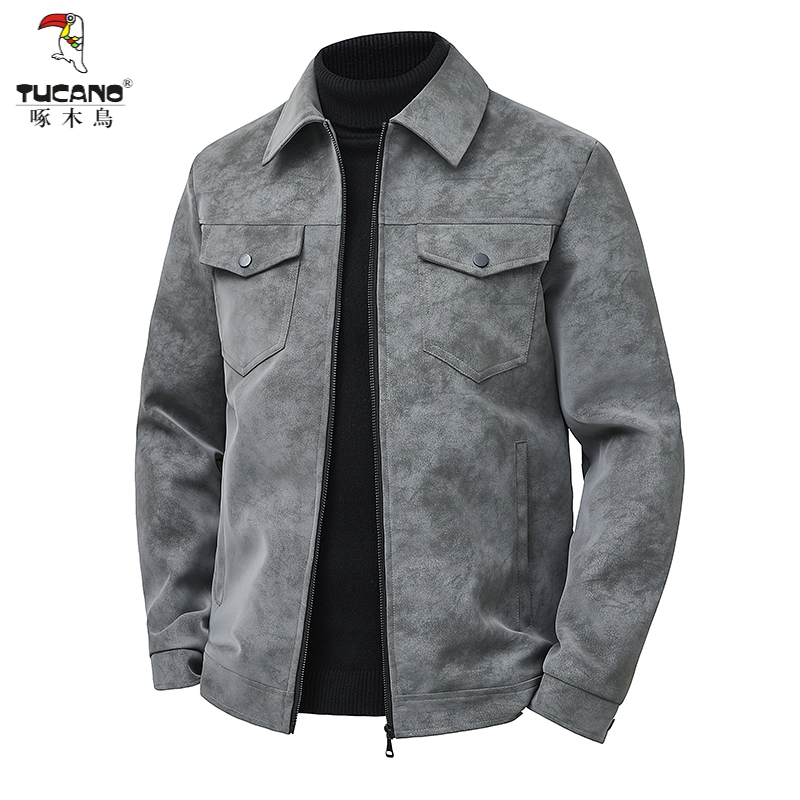 啄木鸟新款皮衣男士潮流休闲外套潮牌复古美式皮衣翻领宽松夹克潮