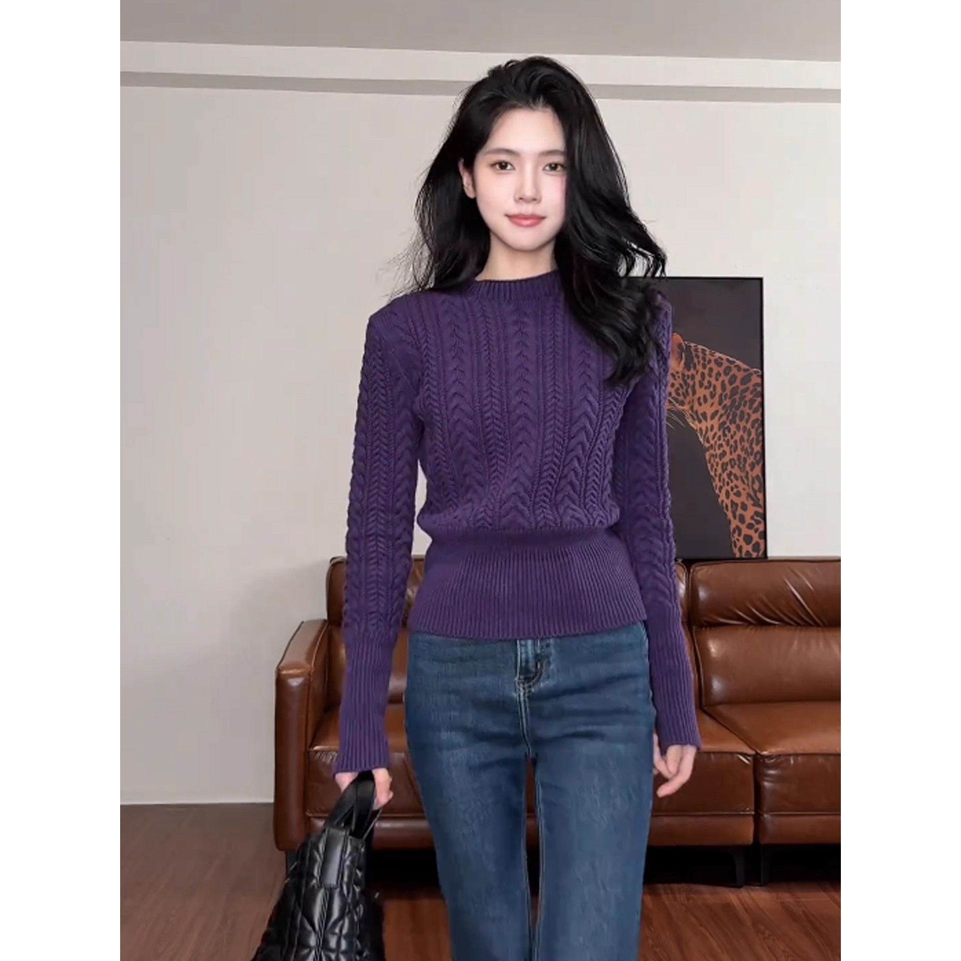 紫色麻花套头毛衣女秋冬高级感内搭可外穿收腰气质针织衫打底上衣