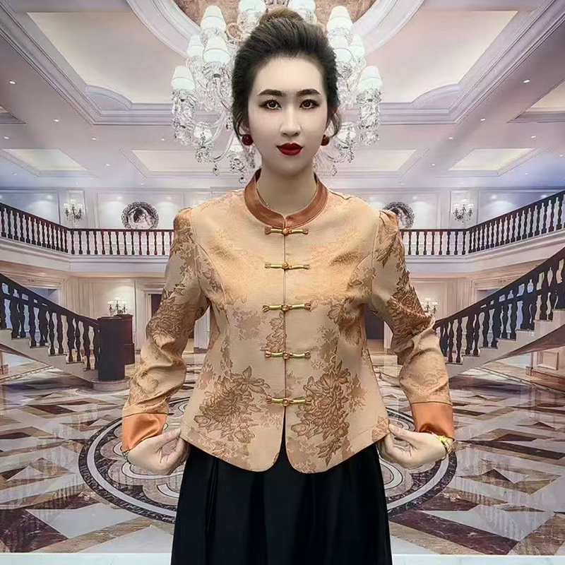 高档提花复古开衫短外套宽松休闲遮肚显瘦旗袍衫国风妈妈洋气上衣