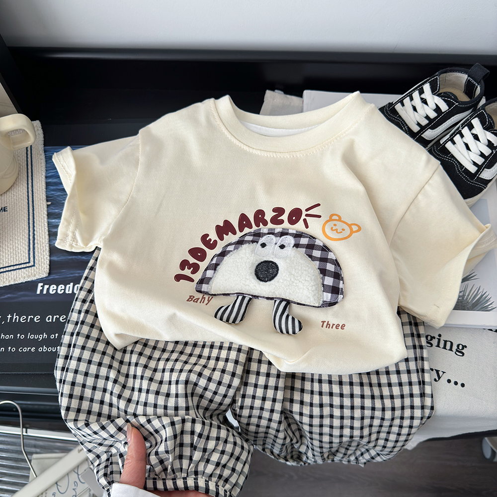 韩系可爱卡通潮牌短袖套装2025新款男女宝宝宽松上衣潮