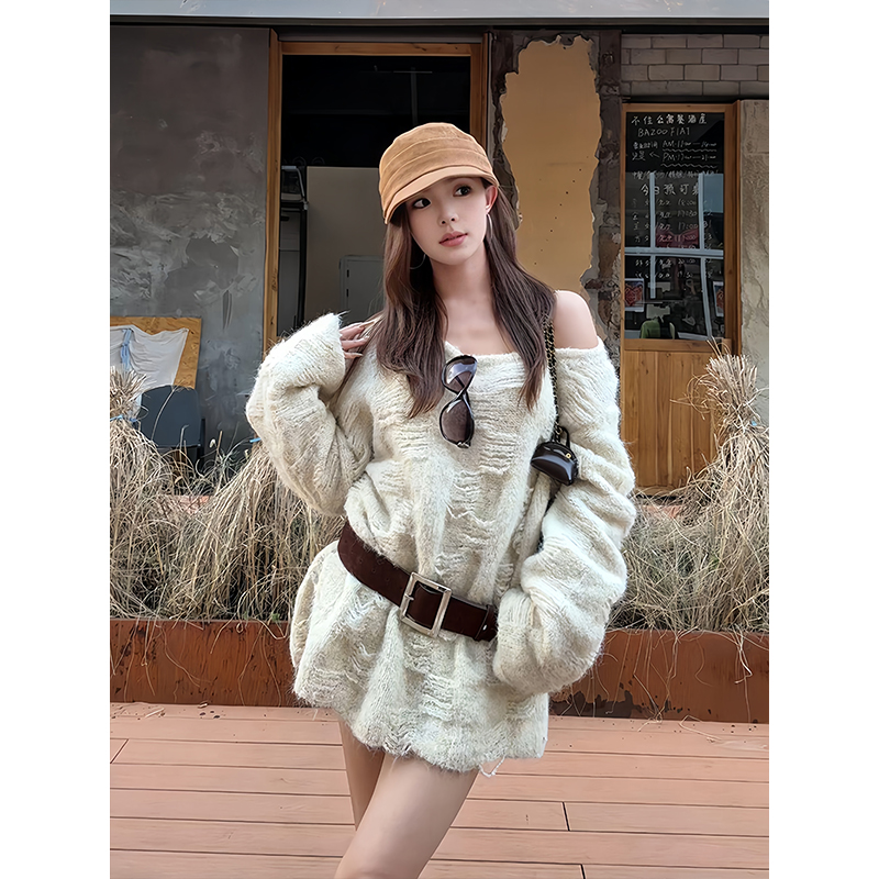 纯欲辣妹斜肩针织衫上衣女秋季新款宽松显瘦慵懒风高级感毛衣