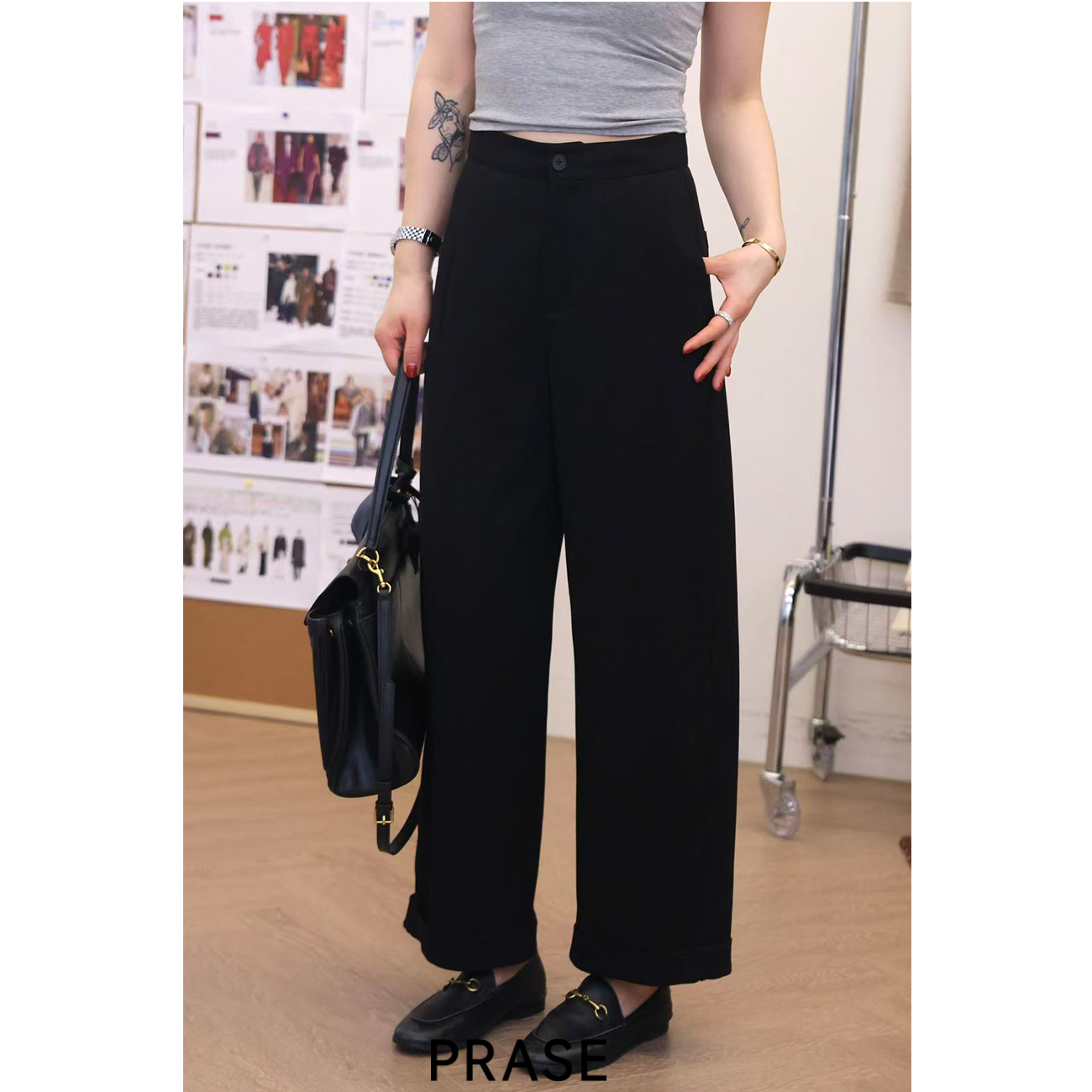 PRASE·噜【锥形裤】微胖轻奢设计款秋百搭气质翻边休闲裤PR508C39