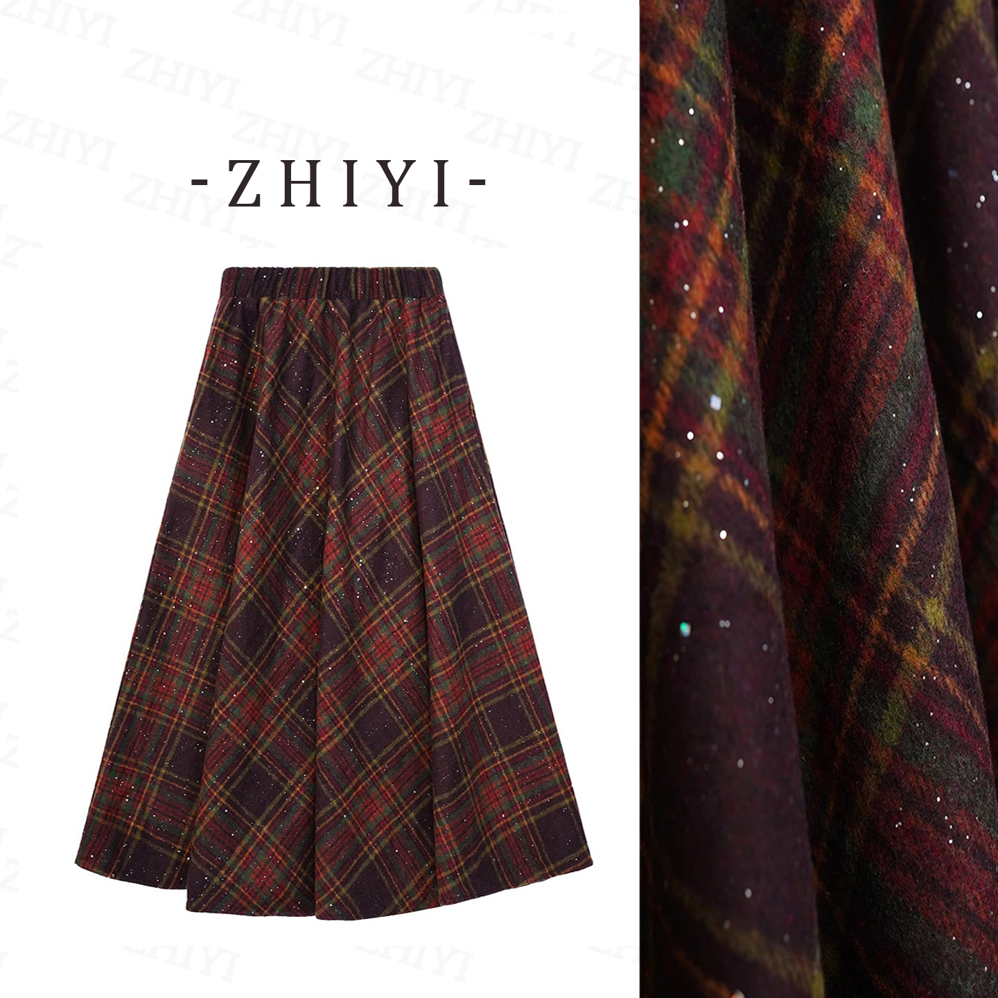 【二个裙长+绵羊毛】2025冬季新款新年酒红色洋气细闪大摆格纹伞裙