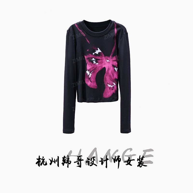 【韩哥欧货女装】2026春季新品《暗夜黑×印花》高弹显瘦打底上衣5818