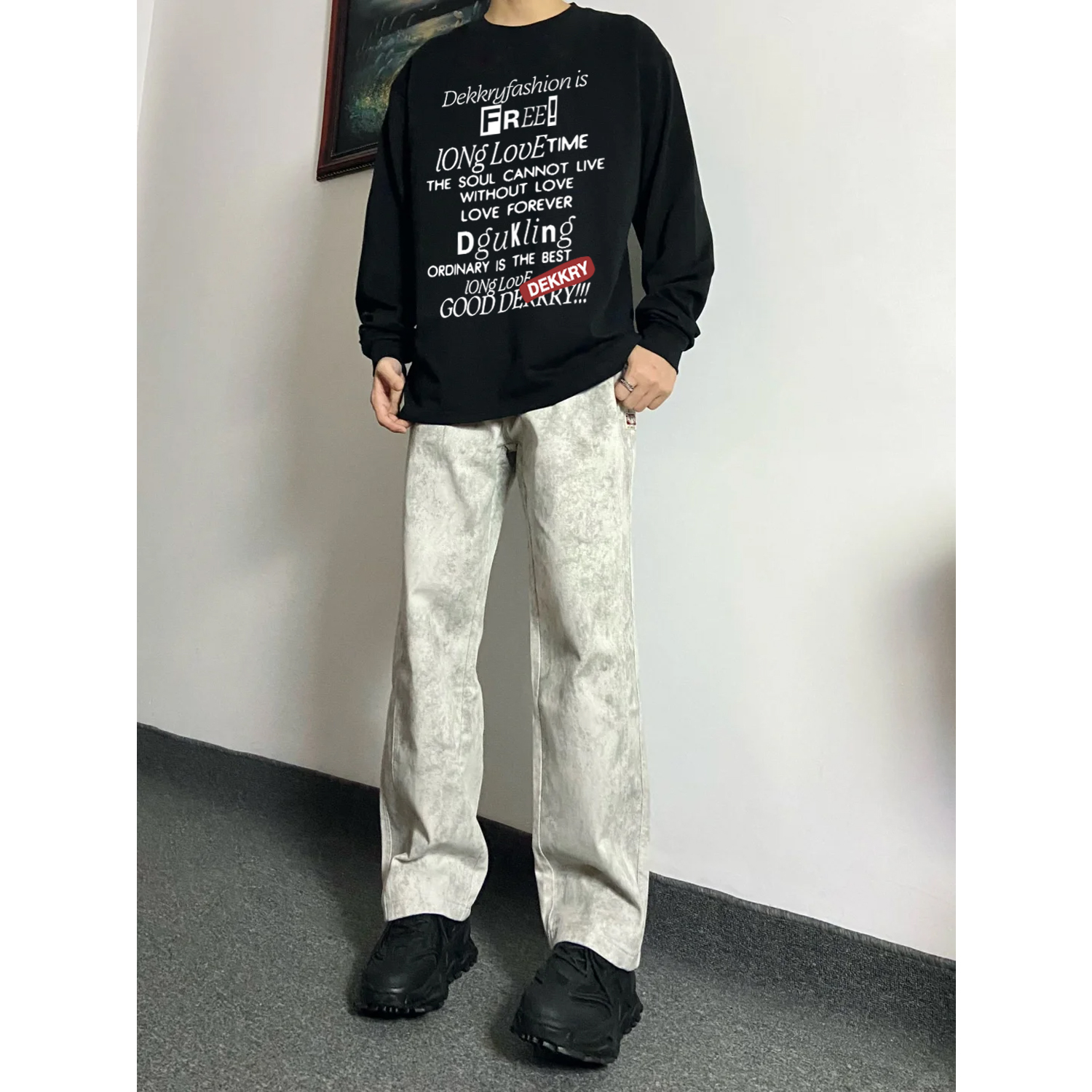 美式设计感字母印花长袖T恤男女秋冬季宽松纯棉休闲情侣款打底衫