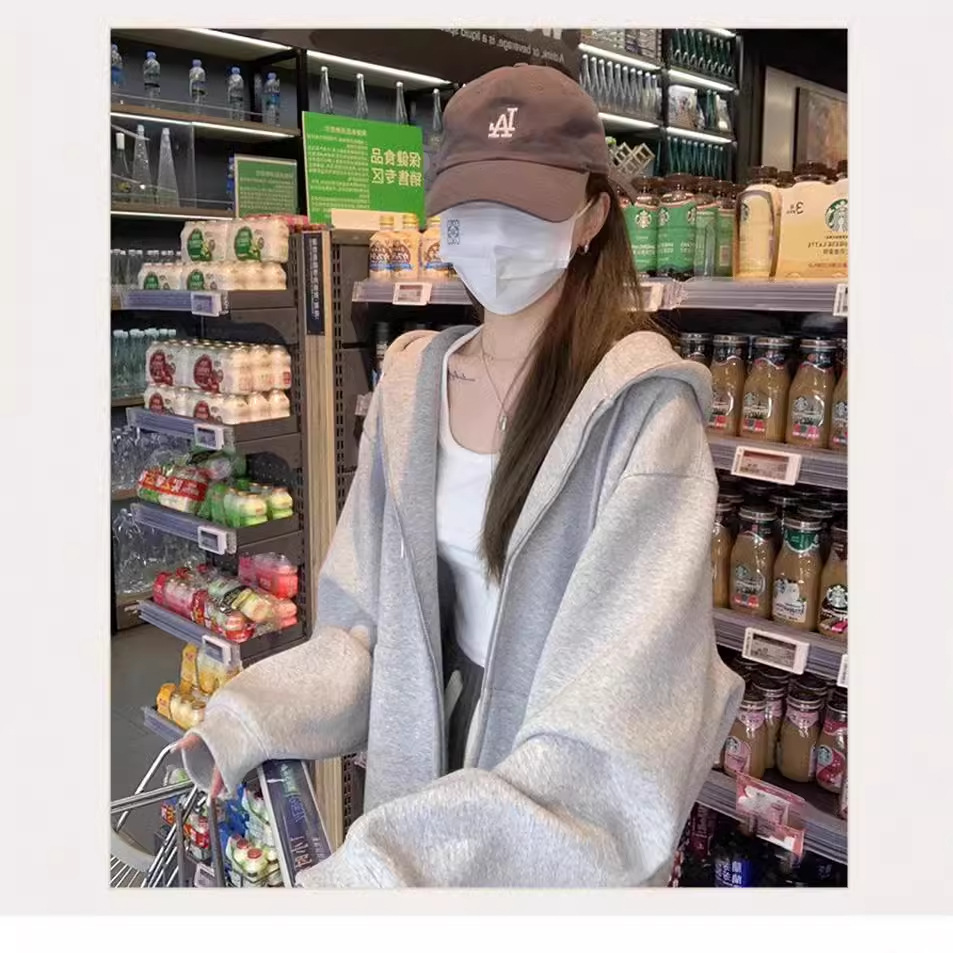 秋冬百搭白灰色卫衣女春秋季韩版宽松原宿风拉链连帽休闲外套潮